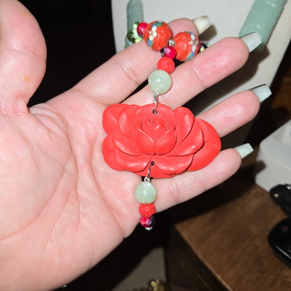 Artisan Jade & Carved Red Rose Cinnabar Crystal Necklace - Picture 3 of 11